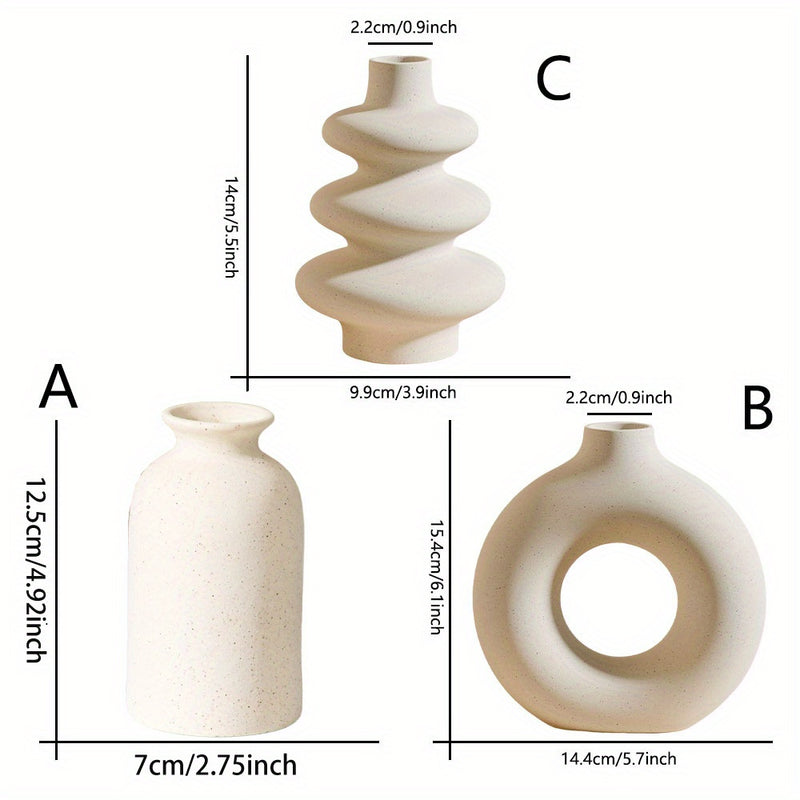Conjunto de 3 jarrones de cerámica boho, forma oblonga, blanco, trío de jarrones decorativos para decoración del hogar y centros de mesa con flores secas y hierba persa.