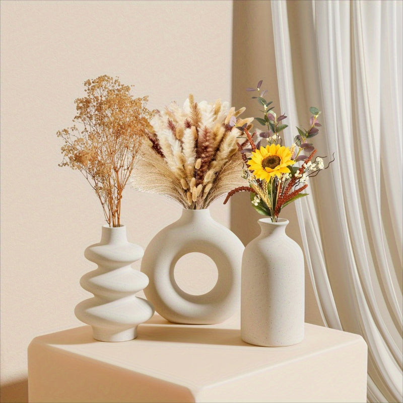Conjunto de 3 jarrones de cerámica boho, forma oblonga, blanco, trío de jarrones decorativos para decoración del hogar y centros de mesa con flores secas y hierba persa.