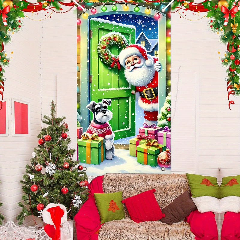 Adorno para marco de puerta de Papá Noel y cachorro, 1 pieza, 89.92x180.09 cm, borlas de poliéster con temática navideña, sin pilas, estilo moderno, perfecto para celebraciones de Año Nuevo y fiestas, ideal para casas de vacaciones y decoración de fiestas
