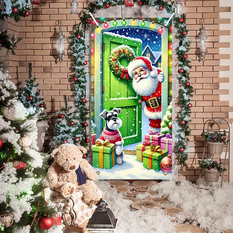 Adorno para marco de puerta de Papá Noel y cachorro, 1 pieza, 89.92x180.09 cm, borlas de poliéster con temática navideña, sin pilas, estilo moderno, perfecto para celebraciones de Año Nuevo y fiestas, ideal para casas de vacaciones y decoración de fiestas