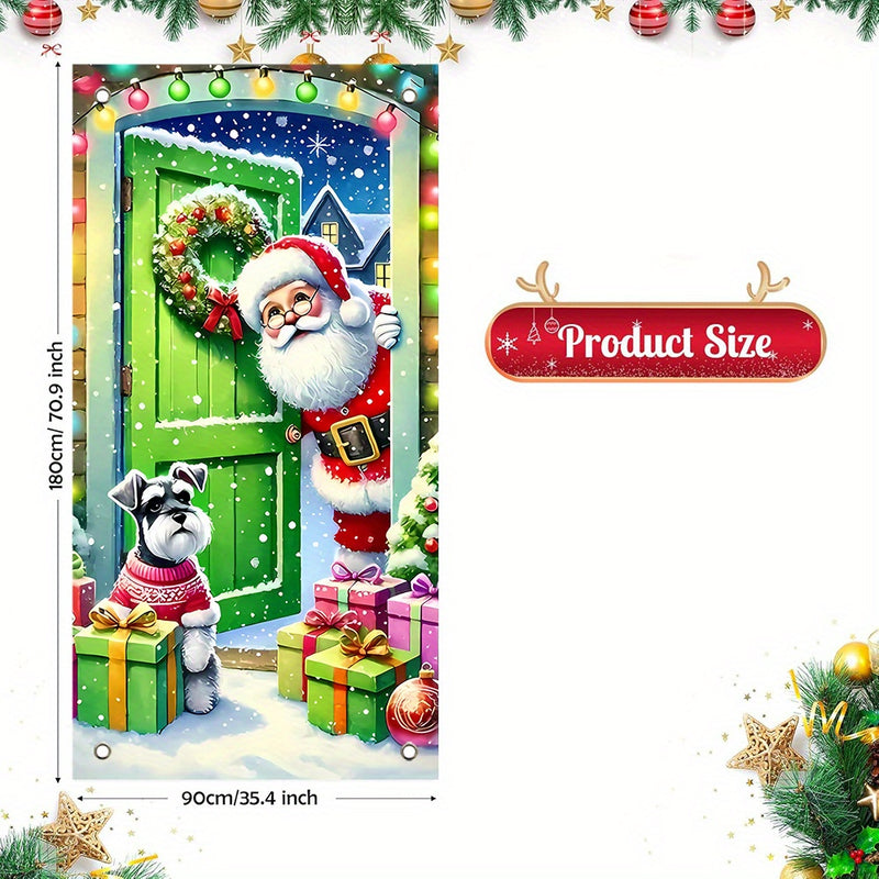 Adorno para marco de puerta de Papá Noel y cachorro, 1 pieza, 89.92x180.09 cm, borlas de poliéster con temática navideña, sin pilas, estilo moderno, perfecto para celebraciones de Año Nuevo y fiestas, ideal para casas de vacaciones y decoración de fiestas