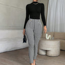 Pantalones casuales de traje negro de cintura alta para mujer con ajuste cenido y piernas anchas de 7-9cm