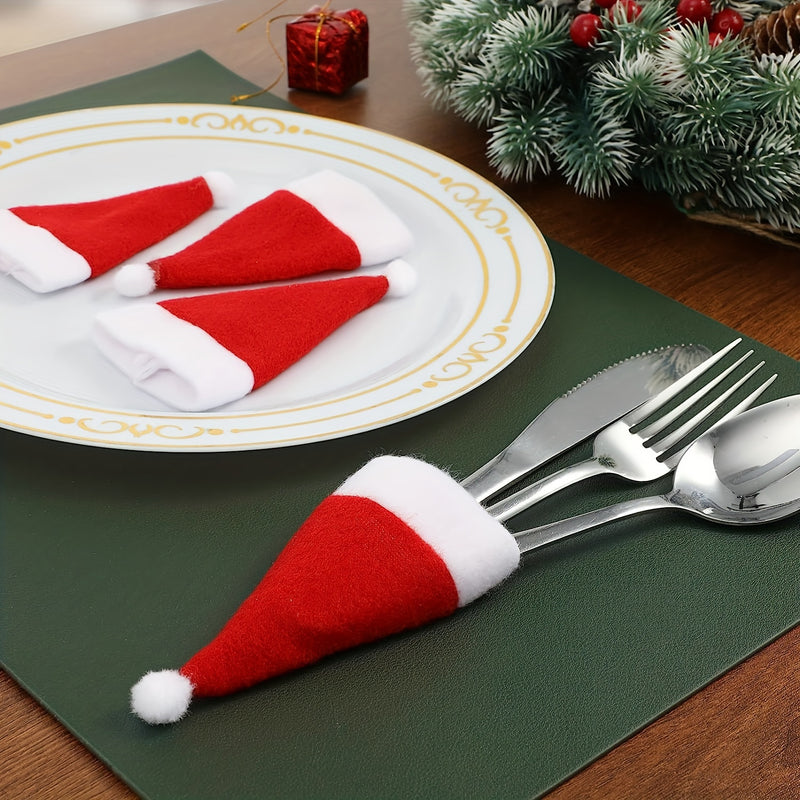 Juego de 10 fundas para cubiertos navideñas, porta cubiertos de tela roja y blanca con diseño de Santa Claus, decoración no comestible para cenas festivas, accesorios de cocina para decoración navideña
