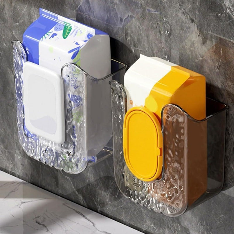 Caja de plástico cuadrada para pañuelos de baño - 1/2 caja de lujo para guardar servilletas y toallitas húmedas, montaje en pared sin taladrar, dispensador fácil de instalar