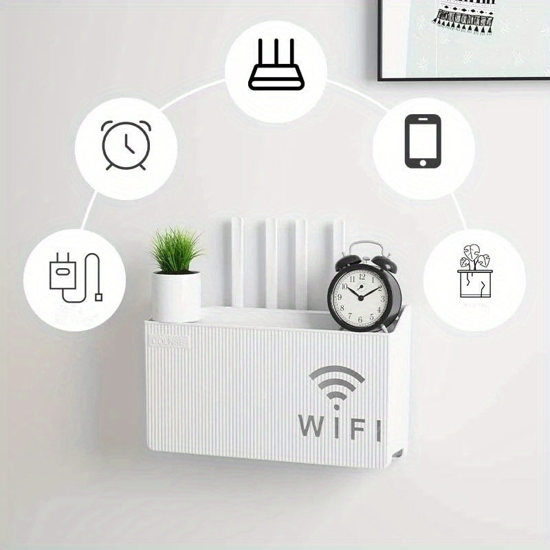 Estante para enrutador inalámbrico montado en la pared con soporte para cables y alimentación, caja de almacenamiento para sala de estar