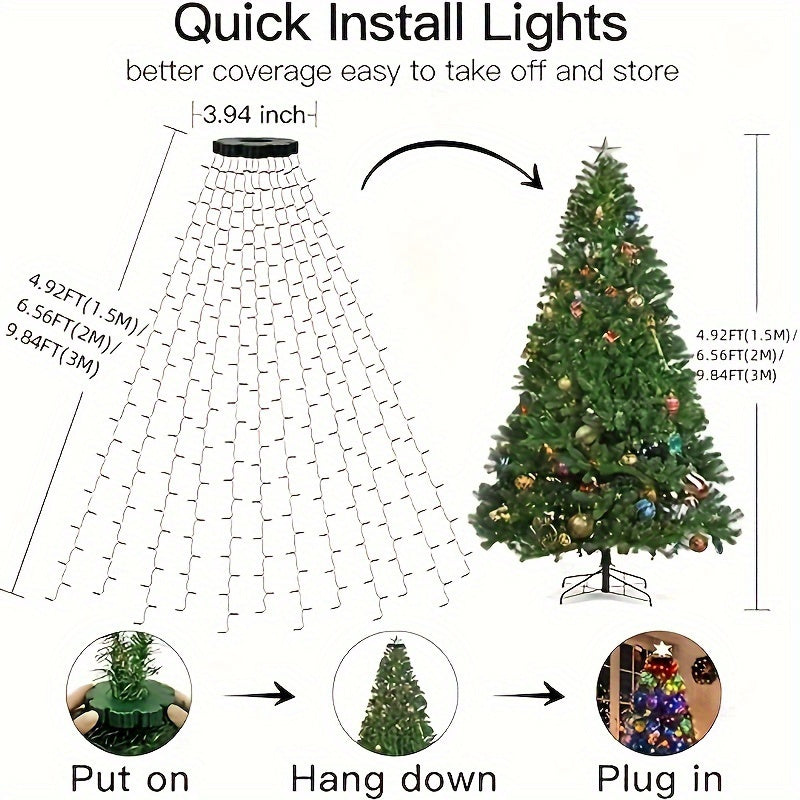Un conjunto de luces navideñas LED, adecuado para decorar árboles, puede ser utilizado tanto en interiores como en exteriores. Cuenta con ocho modos de iluminación diferentes, perfectos para decoraciones navideñas y festivas.