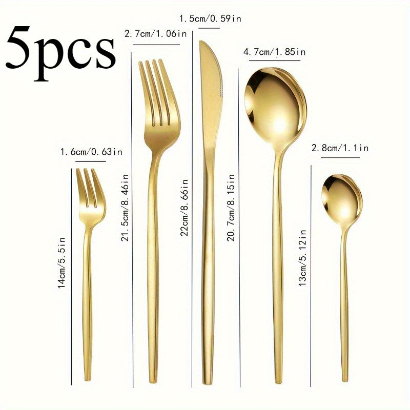 Juego de Cubiertos Elegantes de Acero Inoxidable Dorado de 5 Piezas - Incluye Cuchillo de Cena, Tenedor, Cuchara, Cucharita y Peine - Perfecto para Hogar, Cocina, Restaurante, Boda - Colección de Cubiertos Duraderos y Modernos, Utensilios de Cocina