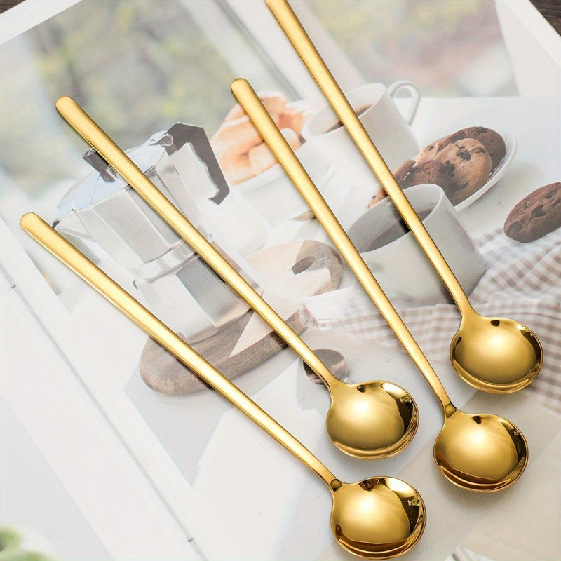 4 cucharillas largas de acero inoxidable 304 doradas, cucharas para revolver café y té con mango largo, utensilios elegantes para fiestas y uso en el hogar y la cocina