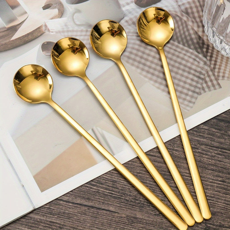 4 cucharillas largas de acero inoxidable 304 doradas, cucharas para revolver café y té con mango largo, utensilios elegantes para fiestas y uso en el hogar y la cocina
