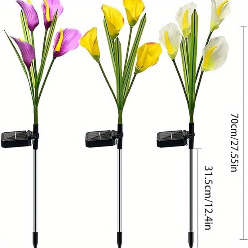 1 lámpara solar de flor de cala LED, decoración vibrante para jardín con luces verde, azul, roja y naranja, ideal para patio, césped, cerca o entrada, carga solar eficiente, luces decorativas para exteriores | Lámpara de jardín vibrante | Lámpara con car