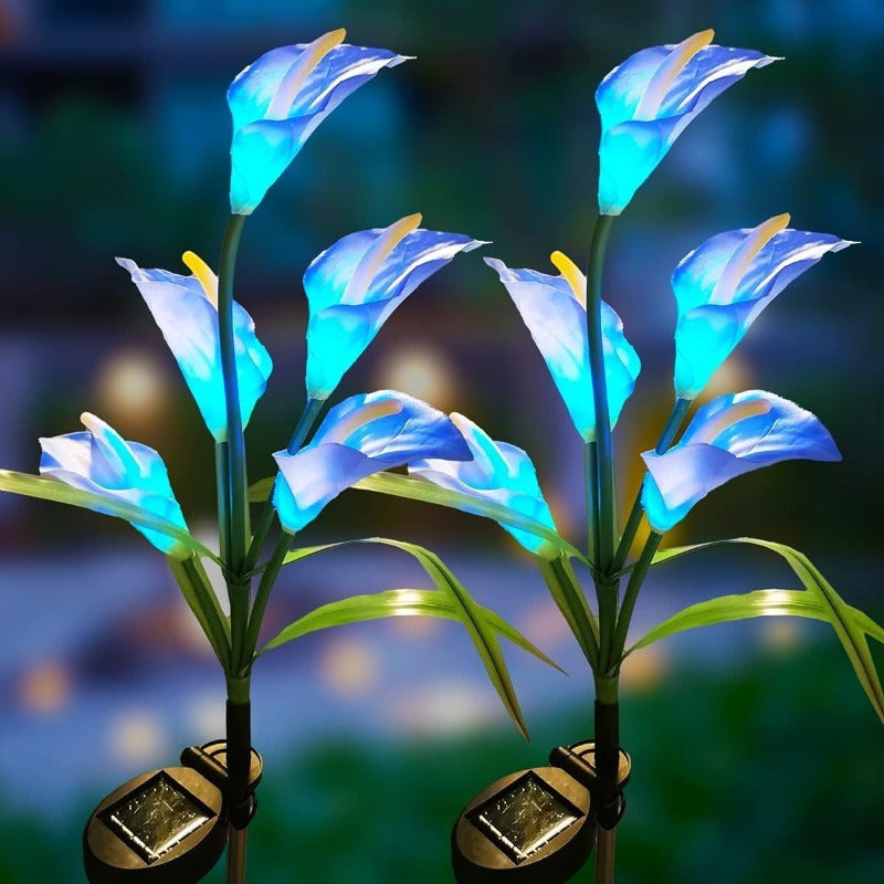 1 lámpara solar de flor de cala LED, decoración vibrante para jardín con luces verde, azul, roja y naranja, ideal para patio, césped, cerca o entrada, carga solar eficiente, luces decorativas para exteriores | Lámpara de jardín vibrante | Lámpara con car