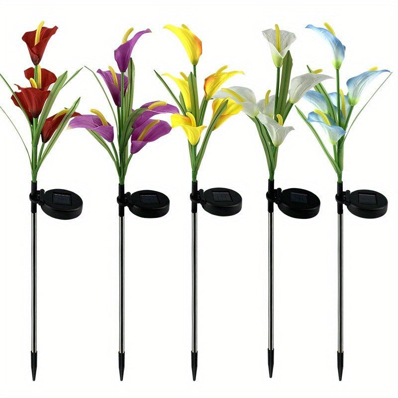 1 lámpara solar de flor de cala LED, decoración vibrante para jardín con luces verde, azul, roja y naranja, ideal para patio, césped, cerca o entrada, carga solar eficiente, luces decorativas para exteriores | Lámpara de jardín vibrante | Lámpara con car