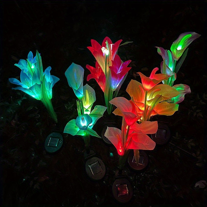 1 lámpara solar de flor de cala LED, decoración vibrante para jardín con luces verde, azul, roja y naranja, ideal para patio, césped, cerca o entrada, carga solar eficiente, luces decorativas para exteriores | Lámpara de jardín vibrante | Lámpara con car