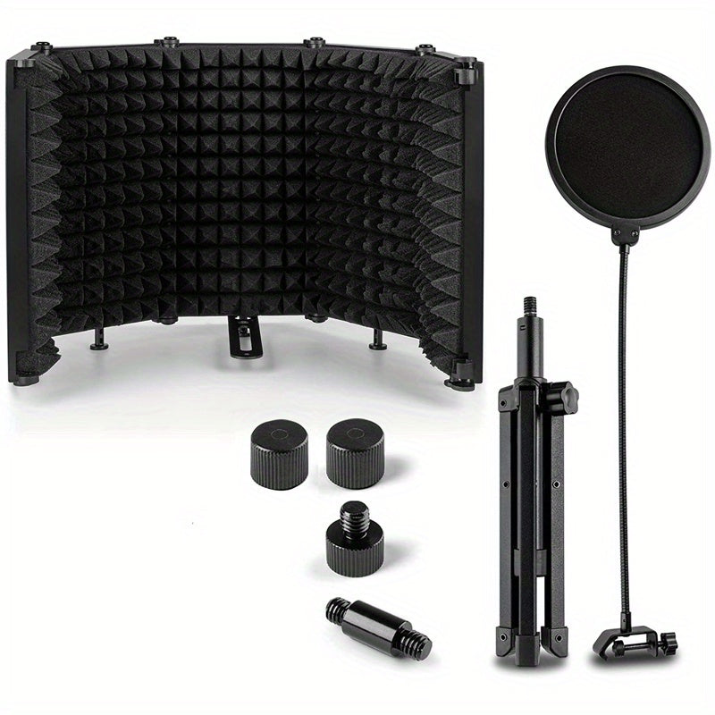 Escudo de Aislamiento de Micrófono de Grado Estudio con Soporte de Trípode - Espuma de Alta Densidad para Grabación Vocal, Barrera de Sonido Plegable, Compatible con la Mayoría de Micrófonos de Condensador