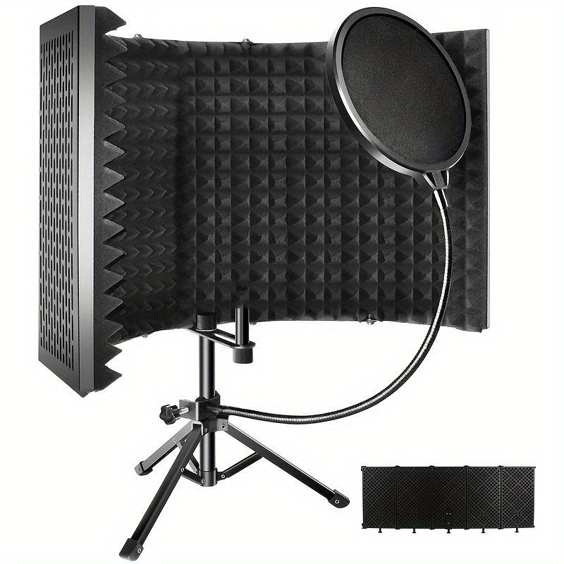 Escudo de Aislamiento de Micrófono de Grado Estudio con Soporte de Trípode - Espuma de Alta Densidad para Grabación Vocal, Barrera de Sonido Plegable, Compatible con la Mayoría de Micrófonos de Condensador