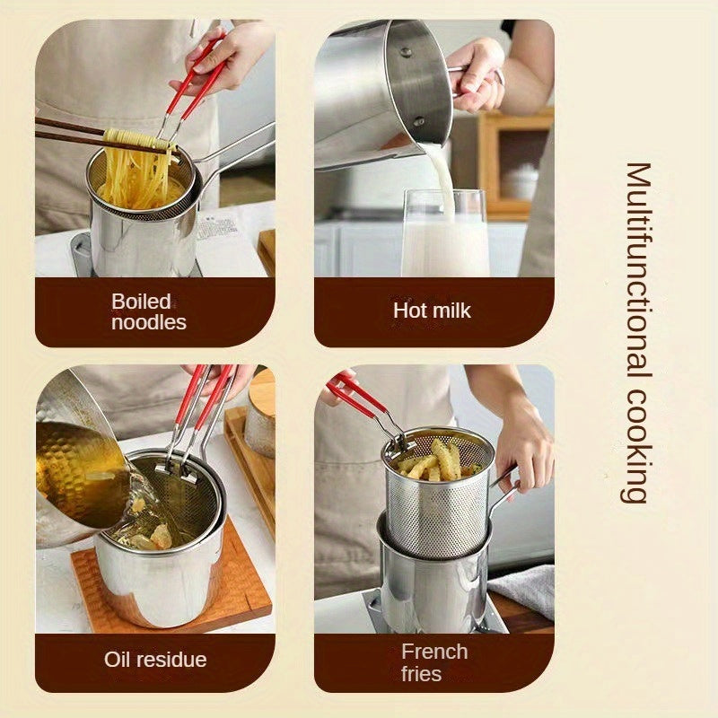 Freidora de Acero Inoxidable para Alitas de Pollo, Papas Fritas, Bolas de Taro y Carne con Sartén Mini Ahorradora de Aceite y Filtro para Inducción - Ideal para Hogar