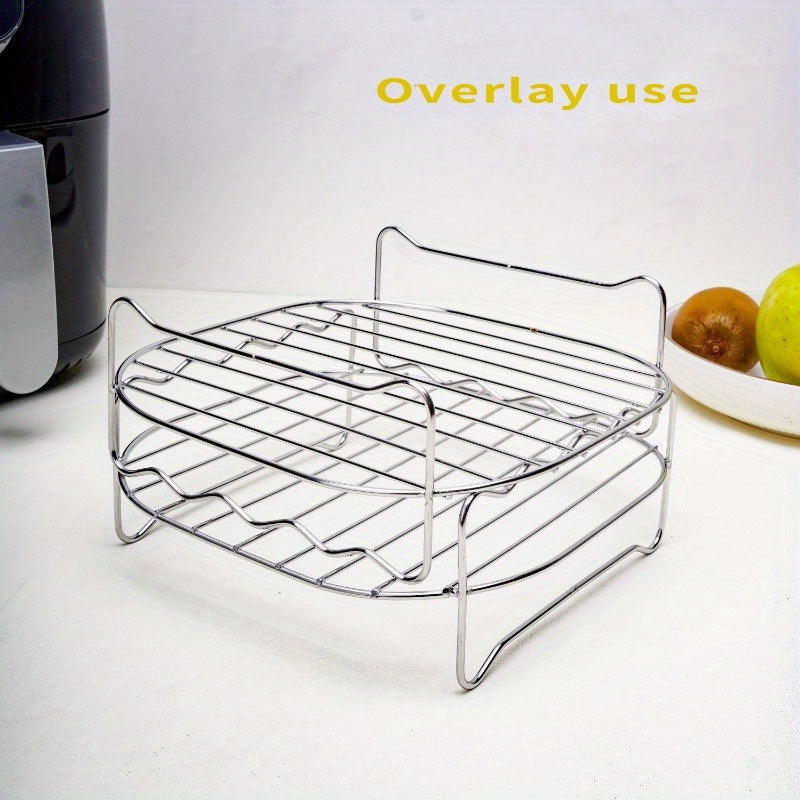 1 pieza, parrilla de freidora de aire de 4 puertos, rejilla de acero inoxidable con diseño de capas dobles, 4 opciones de horneado, perfecta para asar, hornear y cocinar en microondas, accesorio esencial de cocina, accesorios de freidora de aire
