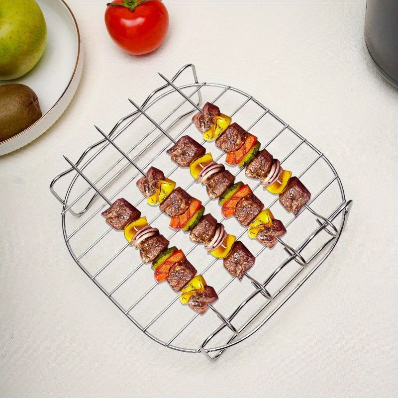 1 pieza, parrilla de freidora de aire de 4 puertos, rejilla de acero inoxidable con diseño de capas dobles, 4 opciones de horneado, perfecta para asar, hornear y cocinar en microondas, accesorio esencial de cocina, accesorios de freidora de aire