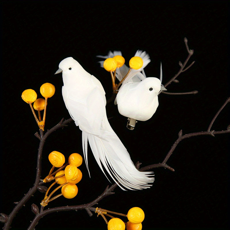 12 Piezas de Pájaros de Espuma con Plumas Blancas y Pinzas, Decoración para el Hogar DIY - Aves Simuladas