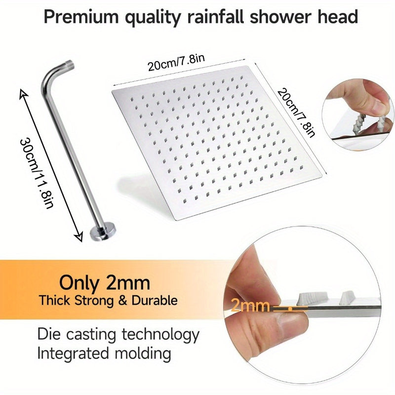 Rociador de Ducha Cuadrado Lujoso de 19.81cm - Acero Inoxidable, Chorro Ultrafino de Alta Presión, Instalación Fácil en Pared para una Experiencia de Baño Refrescante, Accesorios de Ducha