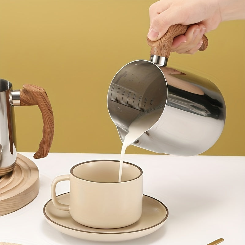1 vaso de espuma de leche de acero inoxidable con mango de madera - 600 ml/900 ml, termo de leche para café, té, chocolate caliente - Equipo creativo para cocina y cafetería, accesorios para bar de café