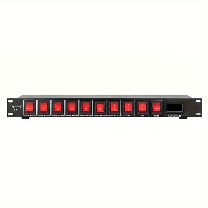 Secuenciador de potencia profesional para audio 1U DEPUSHENG - Controlador digital de alimentación para rack con 10 salidas, pantalla de voltaje, protector contra sobretensiones, 1500W máx., 110V-130V, enchufe estadounidense, material de aleación