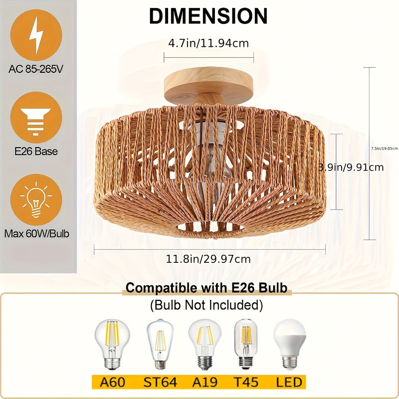 1 pieza - Lámpara de Techo Semienterrada de Ratán, Iluminación para Áreas Comerciales en Salón de Comedor, Café, Decoración de Bar, Lámpara de Techo Estilo Boho con Pantalla de Mimbre Tejido a Mano, Colgante Estilo Granja Boho