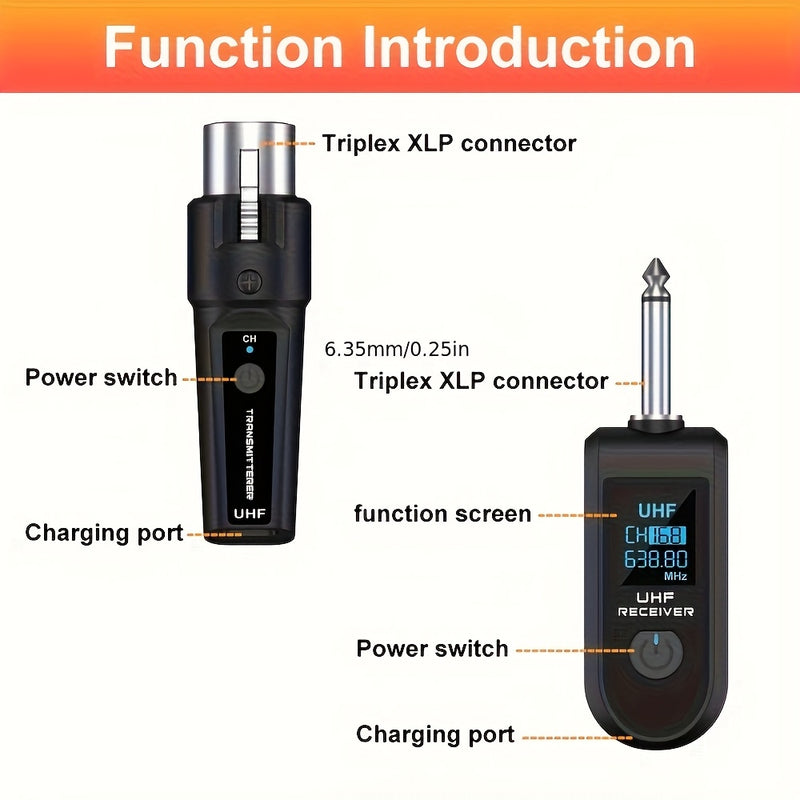 Transmisor y receptor sin varillas con adaptador UHF XLR, carga USB-C, compatible para micrófonos dinámicos y de condensador en producción musical, mezcladora de guitarra y sistemas PA