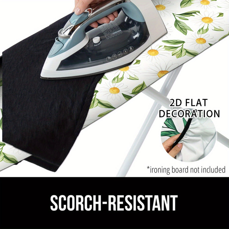 Funda de tabla de planchar 2D de diseño plano - Tamaño completo, relleno resistente al quemado, borde elástico, resistente, lavable en máquina - 1 pieza, blanco con patrón floral amarillo y verde, ideal para decoración de la habitación de lavado en casa,
