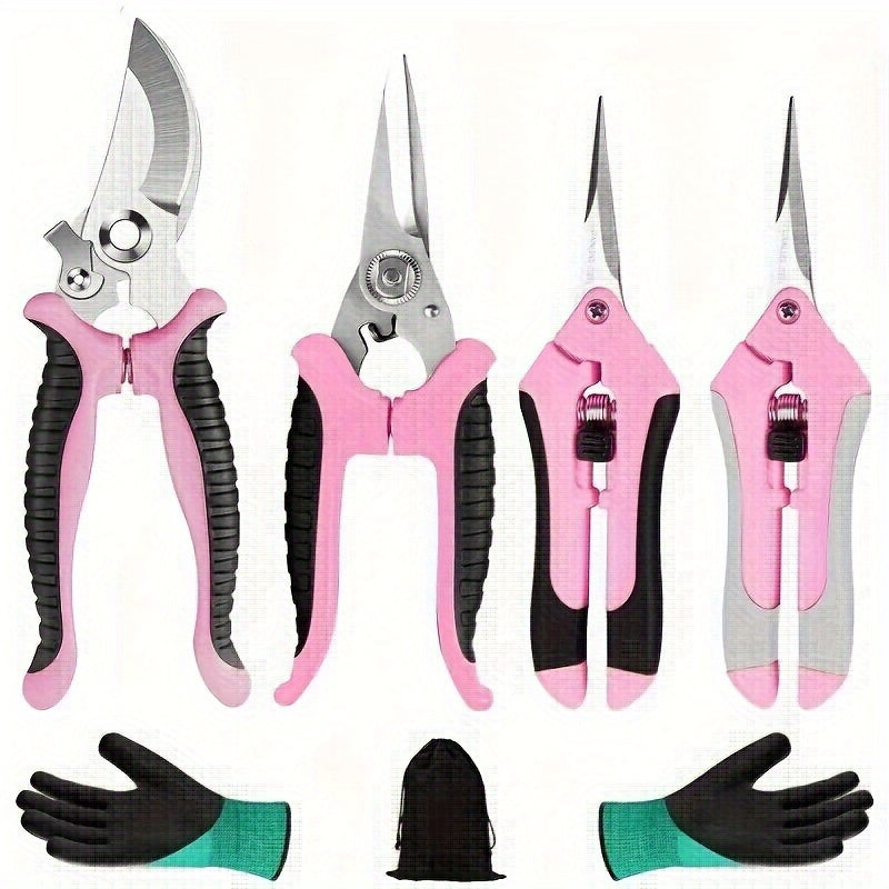Juego de 4 Tijeras de Poda Profesionales Rosas - Tijeras de Jardinería de Acero Inoxidable para Flores/Ramas, Kit Multiusos Manual