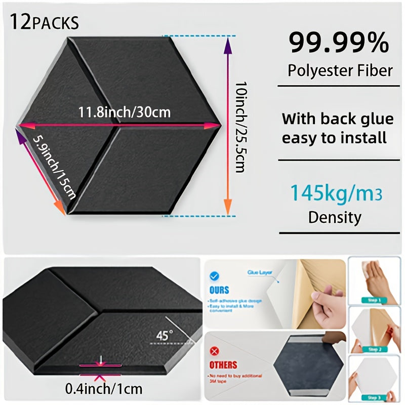 Panel Absorbente De Sonido Tipo Y, 12 Piezas, Panel Acústico, Panel De Aislamiento Acústico De Fibra Negra, Panel De Aislamiento De Sonido (lado Hexagonal De 5.9 Pulgadas, 12 Piezas, Tipo Y Negro)