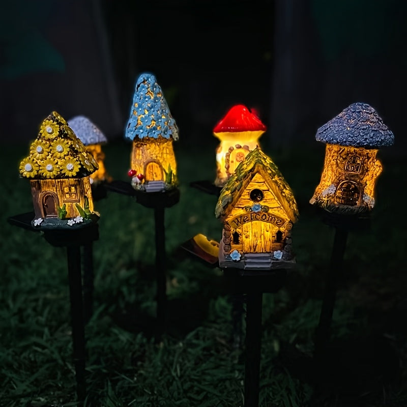 Luces solares para casas de hongos - Decoración de césped exterior con senderos LED, luces de jardín de resina alimentadas por energía solar con letrero "Bienvenido", montaje semienterrado para decoración de patio y festivales, luces solares para exterio