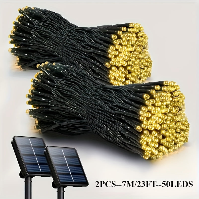 2 piezas de luces de cuerda solares, luces de tiras LED, 7/12 metros de luces de camping al aire libre, luces de jardín, luces de atmósfera de vacaciones, 8 modos de iluminación, IP65 impermeable, adecuadas para la decoración de jardines, iluminación de