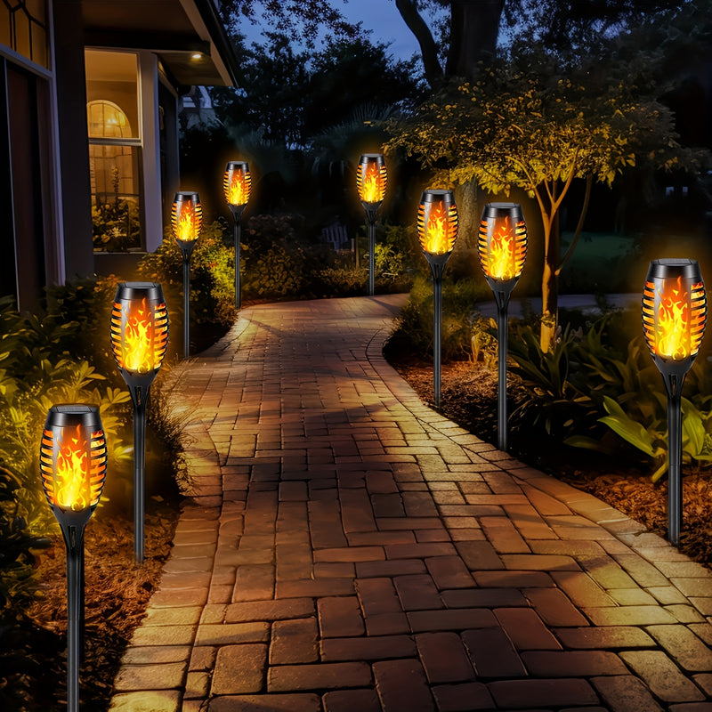 8-Pack Luces de antorcha LED de llama solar, decoración de jardín al aire libre impermeable, parpadeo automático, fácil instalación, material ABS, batería de níquel con energía solar, 300 mAh, para ambiente de camino y paisaje
