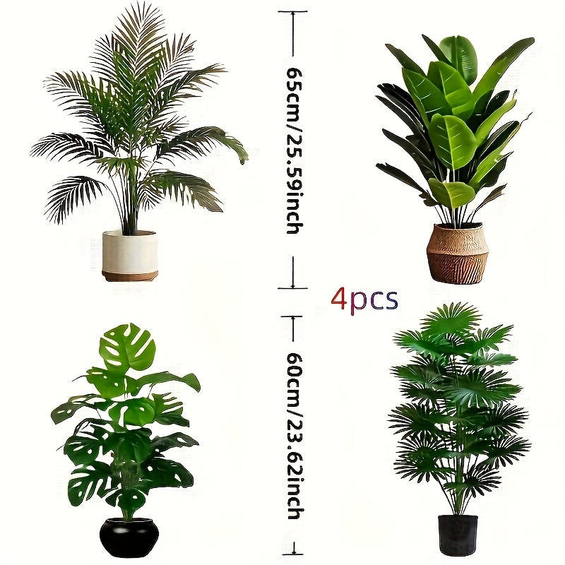 Juego de 4 plantas artificiales tropicales: árbol de plátano, dracena, palma abanico y poinsettia. Follaje perenne que crea un ambiente exuberante tropical, ideal para hogar, oficina, jardín o bodas, añadiendo encanto vibrante a cualquier ocasión festiva