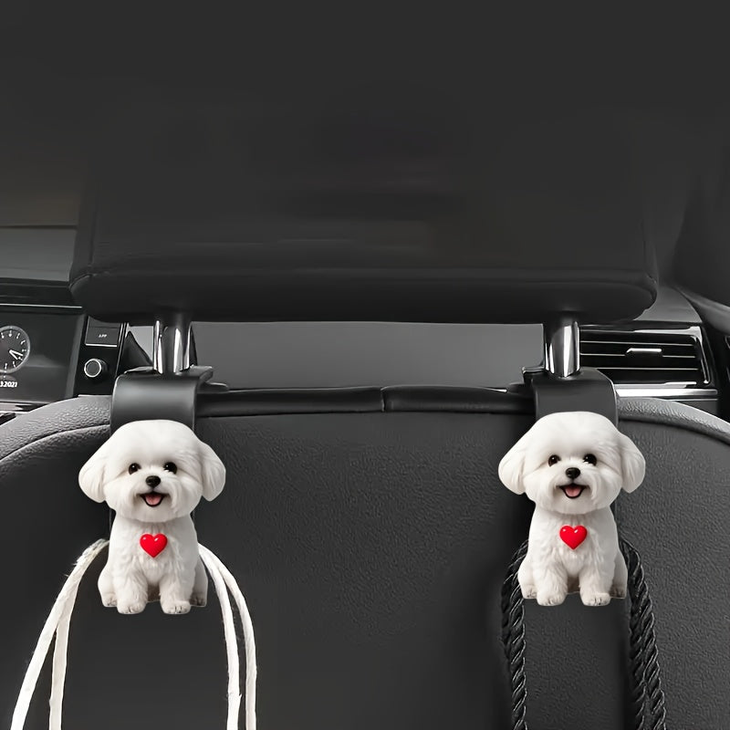 2 piezas - Ganchos de asiento de coche 2D de perro blanco lindo, ganchos de almacenamiento oculto integrados en el asiento trasero, accesorios de asiento de coche, cesta de flores, multifuncionales