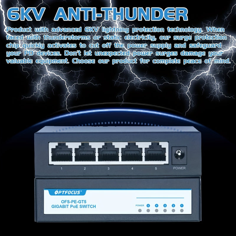 Interruptor POE Gigabit de 1000M 10G Boardband Velocidad rápida 5 Puertos Gigabit Ethernet Switch Hub para cámaras CCTV 10/100/1000M RJ45 IEEE802.3ATAF 30W POE Plus Interruptor de red POE