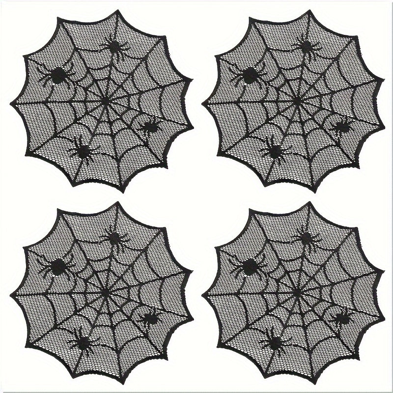 Cojines de red de araña para bebidas - 1 pieza, 2 piezas o 4 piezas, diseño de red de poliéster negro con acordes rojos, perfecto para decoraciones de fiestas de Halloween y uso doméstico, vajilla espeluznante | Decoración de patrón de red | Bebida durad