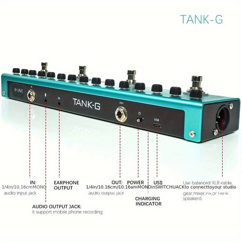 Pedal de efectos para guitarra M-VAVE TANK-G multifunción con supresor de ruido, 9 ranuras para preamplificador, ecualizador de 3 bandas, 3 modulaciones, 3 delays, 3 reverbs, 8 ranuras para cabinas IR, afinador, aplicación y software para PC, recargable