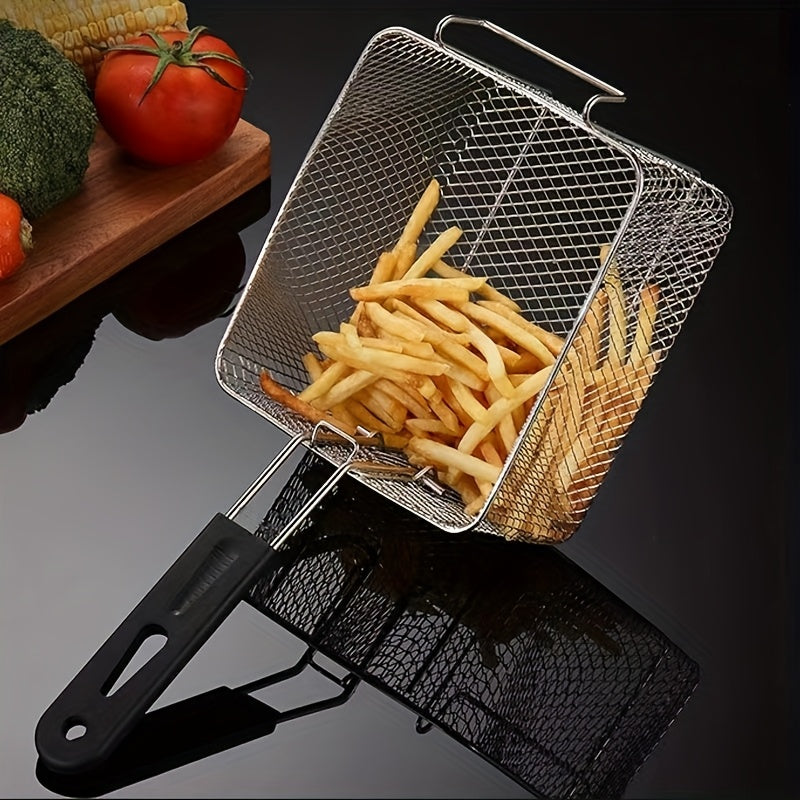 Cesta de freír de acero inoxidable con mango plegable, malla resistente al calor, adecuada para papas fritas, alas de pollo y snacks, fácil de limpiar, ideal para uso doméstico y comercial en la cocina.