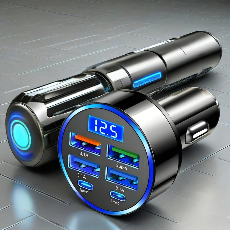 Carregador Móvil 6-en-1, 2PD 4USB, Cargador de Coche con 6 Puertos, Carga Rápida de 100W, Pantalla de Voltaje/Prueba, Luz Ambiente con Refrigeración Inteligente por Chip, Universal para Todos los Modelos, Elección Ideal para Regalo en 11 Fiestas