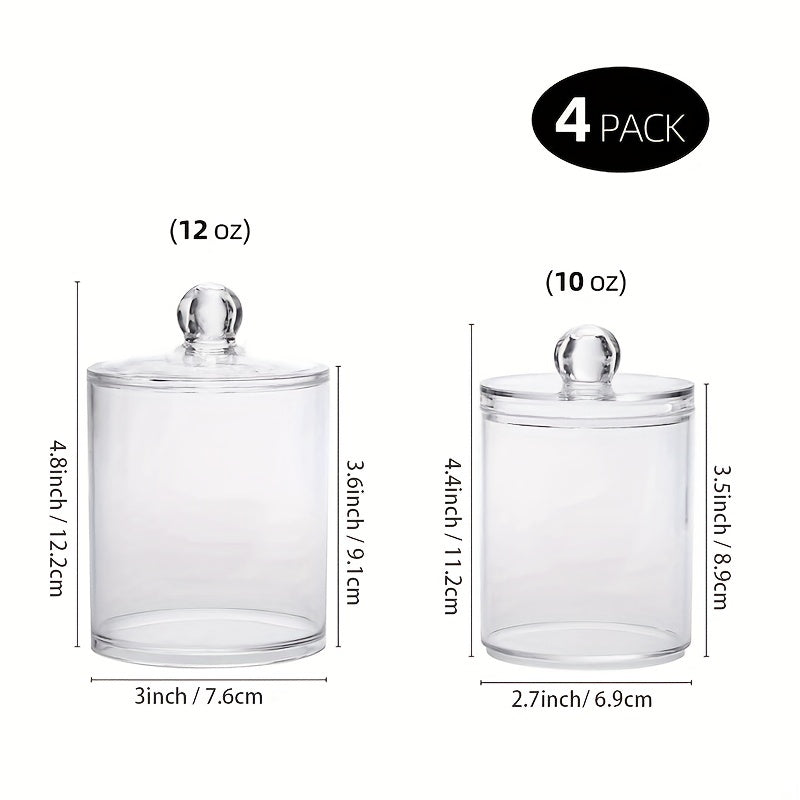 1 Paquete De 4 Piezas, Organizadores De Baño Y Contenedores De Almacenamiento, Frascos De Boticario De Plástico Transparente Con Tapas Para Bola De Algodón, Hisopo De Algodón, Almohadillas Redondas De Algodón, Hilo Dental, De 12 oz, 10 oz