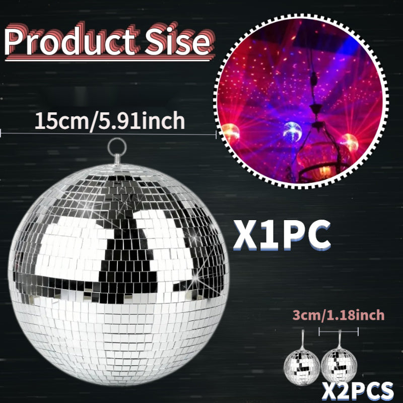 Una bola de espejo disco retro hecha de vidrio y metal, perfecta para fiestas, bodas, Navidad, Halloween y otras celebraciones - un reflector decorativo.