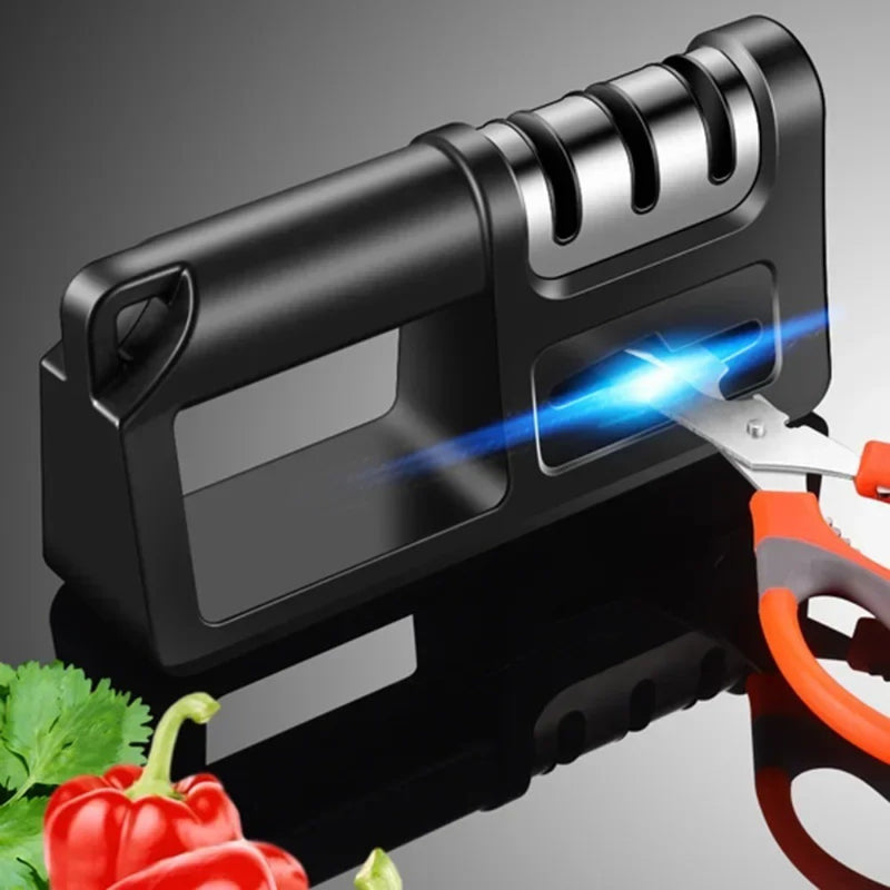 1pc Afilador Multifuncional Diamante 4-en-1 Versátil - Afilado Manual Rápido y Fácil para Cuchillos de Cocina, Tijeras y Hojas, Diseño Negro Elegante con Piedra Integrada, Material ABS, No Necesita Batería - Ideal para Uso Doméstico y en Restaurantes, Af