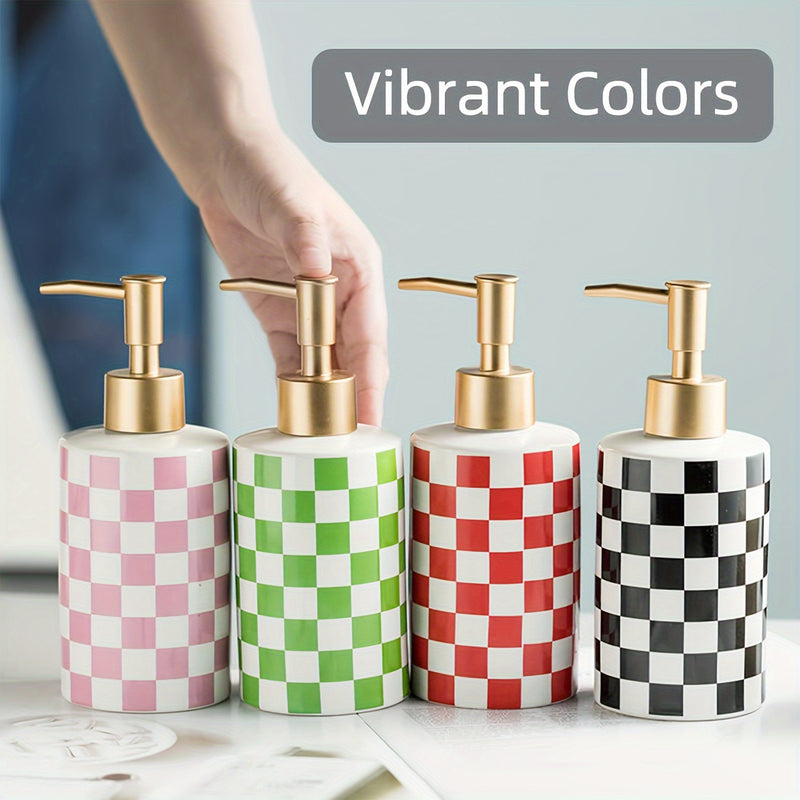 Dispensador de Jabón de Cerámica a Cuadros con Bomba Dorada Mate Antioxidante, Dispensador Decorativo para Baño o Cocina