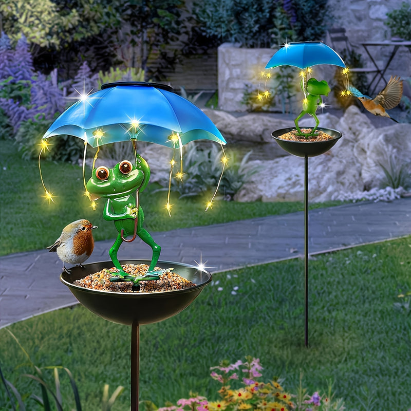 1pc Estatuilla de Rana Solar con Luces LED Automáticas y Comederos para Pájaros - Decoración Metálica para Jardín, Patio o Césped con Sombrilla, Atrae Colibríes - Regalo Perfecto para Jardineros, Accesorio Caprichoso para Exteriores