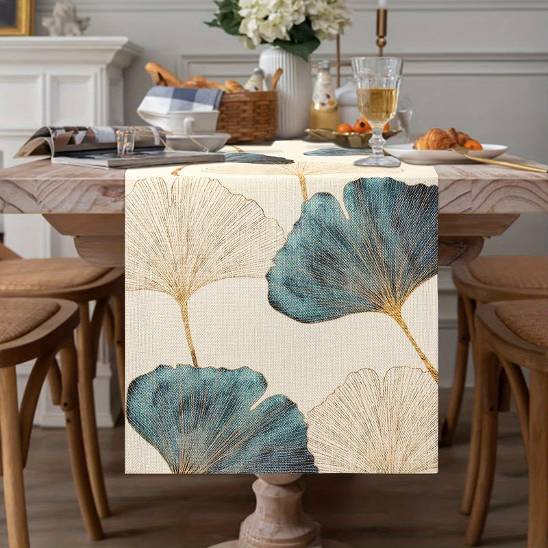 1 Pieza, Mantel Para Mesa Duradero, Con Diseño De Hojas De Ginkgo Doradas Azules Y Verdes, Mantel Rectangular, Decoración Rústica De Mesa De Granja, Para Decoración De Mesas De Tocador, Aparatos Domésticos