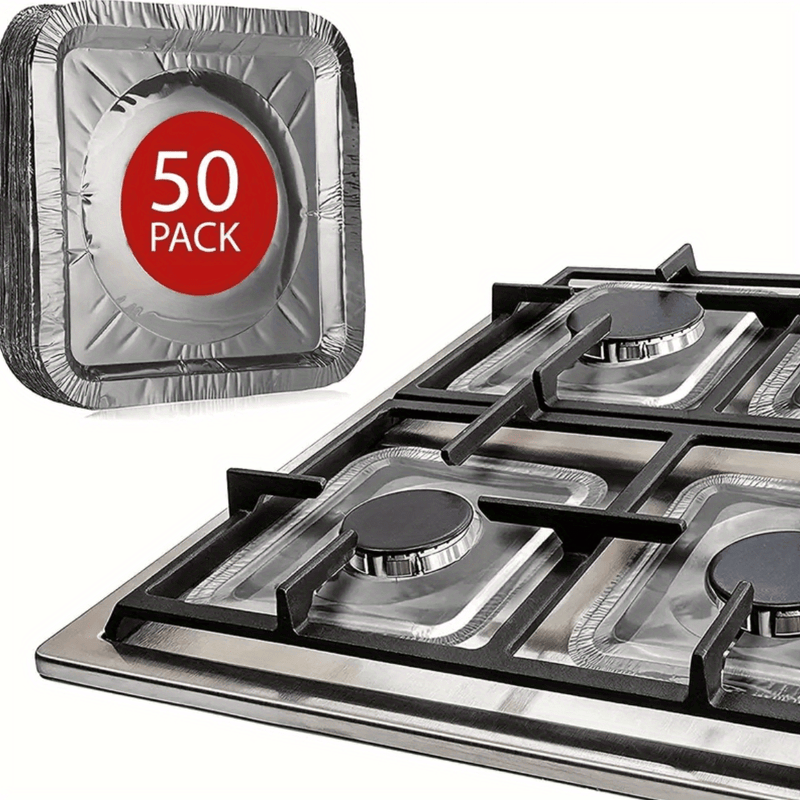 50pcs Cubiertas Desechables de Aluminio para Quemadores de Estufa de Gas, Cuadradas de 21.59cm, Resistentes al Calor - Almohadillas de Protección Gruesas para Cocina, Ideales para Uso Doméstico y Necesidades de Cocina, Protectores para la Parte Superior
