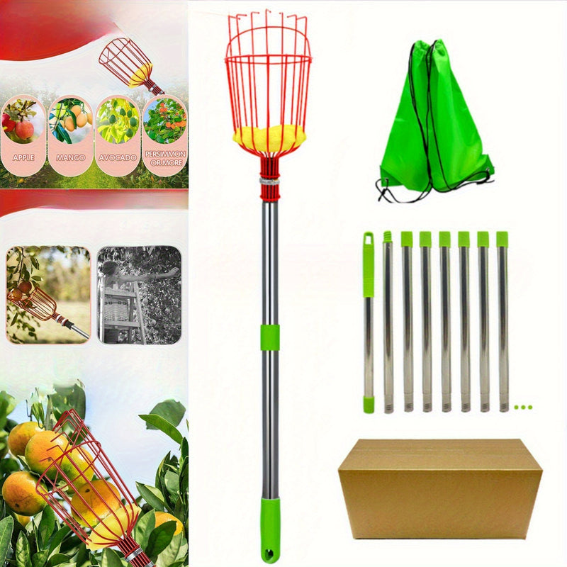 Pulidor de frutas de acero inoxidable con cesta acolchada - Herramienta de jardín moderna para recoger frutas de manera eficiente, no necesita electricidad, equipo de huerta | Mango ergonómico | Cosechador de frutas duradero