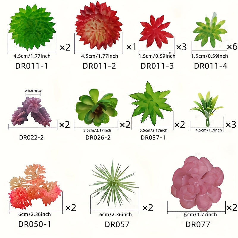 27 Plantas Suculentas Artificiales en Miniatura Sin Macetas: Tallos de Cactus Plásticos Realistas para Terrario, Variedad Pequeña de Verduras Sintéticas con Piedras Preciosas